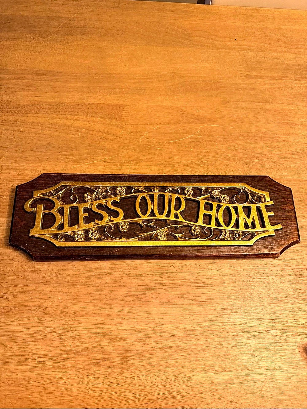 Vintage Bless Our Home sign Wood Wall Decor in Brown & Gold tone